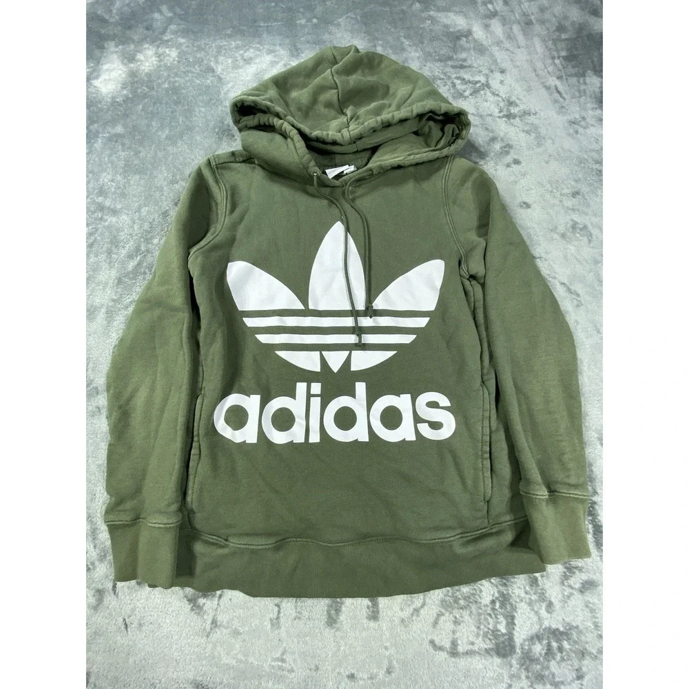 Adidas Originals Pullover Hoodie XS Women Green‎ Trefoil Center Logo Long Sleeve